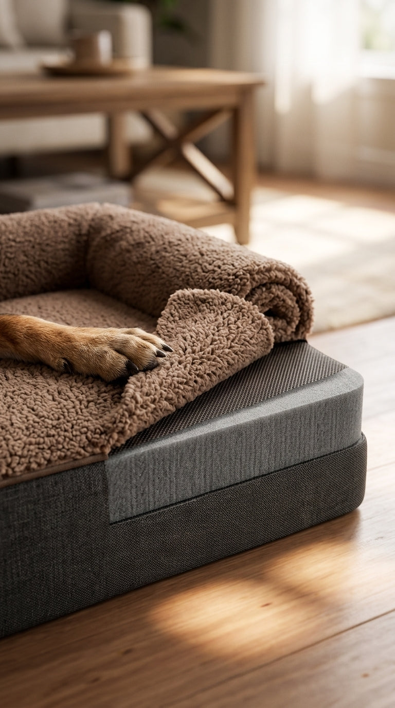 Dog's paw resting on a plush sherpa dog bed with pet-safe, non-toxic materials