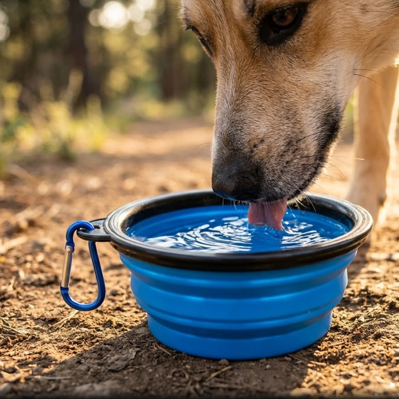 Dog drinking from collapsible silicone travel bowl on a hiking trail