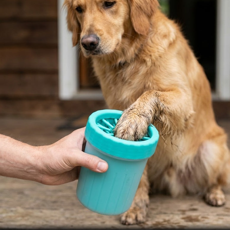 Person cleaning dog paw with silicone paw cleaner cup on a porch