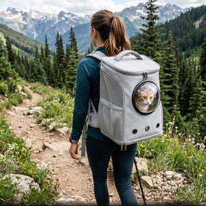 Person hiking with cat carrier backpack on mountain trail