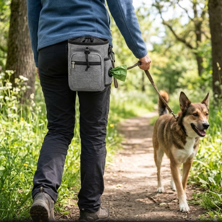 Person walking dog outdoors wearing gray treat training pouch on belt