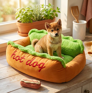 Hot dog bun shaped pet bed lifestyle photo