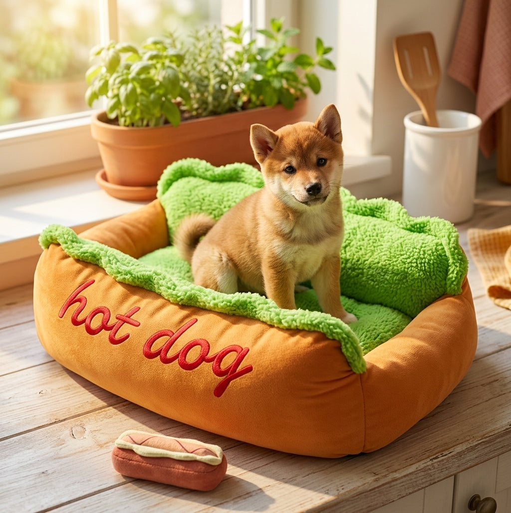 Hot dog bun shaped pet bed lifestyle photo
