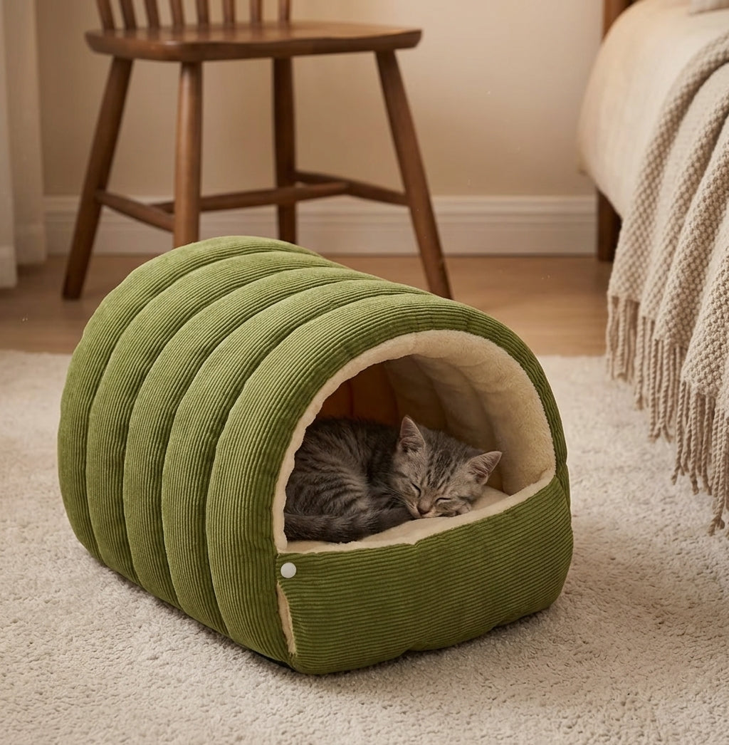 Winter thermal plush cat igloo bed lifestyle photo