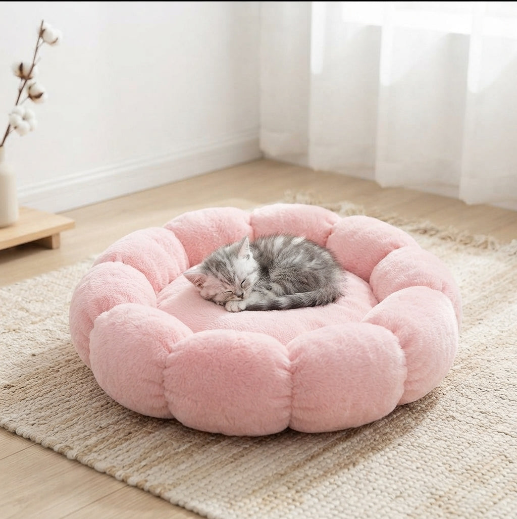 Washable plush flower shaped pet bed lifestyle photo