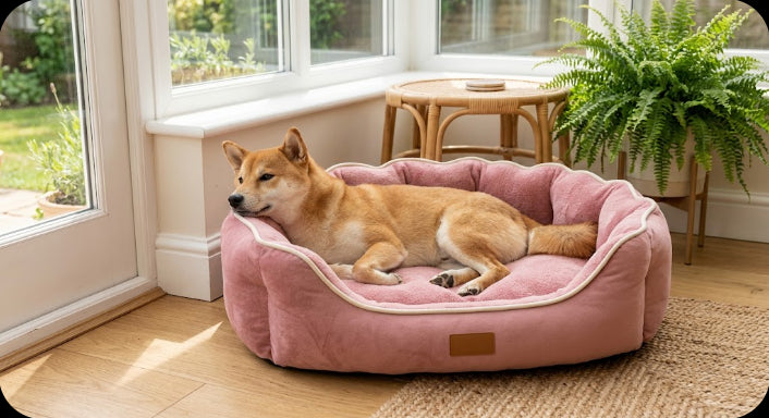 Pink oval pet sofa bed with Shiba Inu in bright sunroom