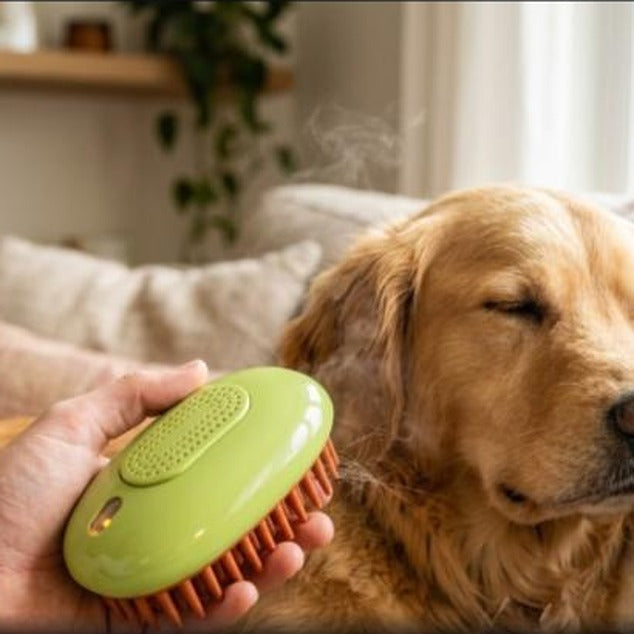 Hand using green electric steam massage brush on golden retriever's fur, steam visible