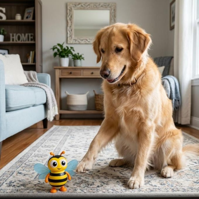 Golden Retriever watching electronic dancing bee toy on living room floor