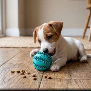 Jack Russell Terrier puppy chewing teal rubber treat dispensing ball toy