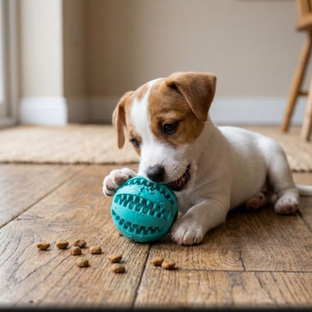 Jack Russell Terrier puppy chewing teal rubber treat dispensing ball toy