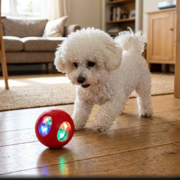 Bichon Frise dog playing with glowing RGB automatic rolling ball toy