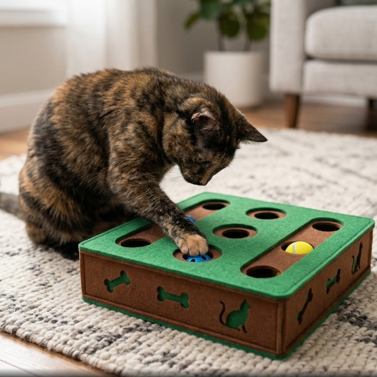 Cat playing with green felt puzzle box toy on rug