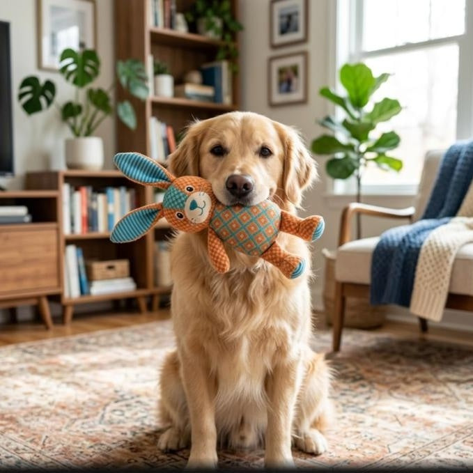 Dog holding orange and teal patchwork plush bunny toy in living room