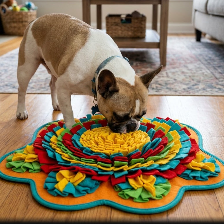 French Bulldog foraging in colorful snuffle mat on hardwood floor