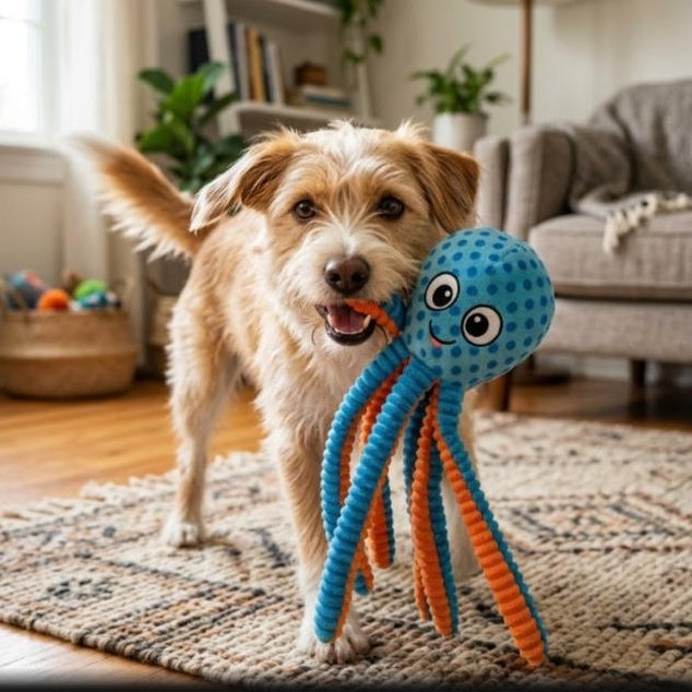 Dog playing with blue and orange squeaky octopus plush toy