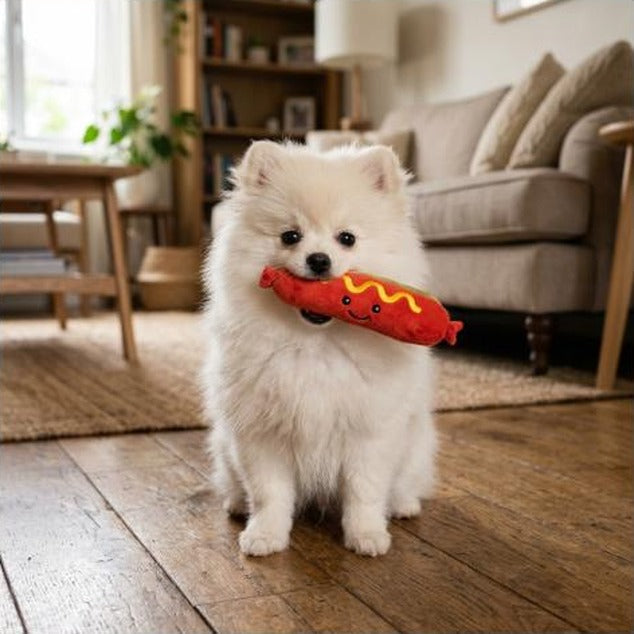 Dog Sound Plush Toy Hot Dog Chewing Toy Pet Grinding Teeth Squeaky Plush Toy Puppy Bite-resistant Interactive Chew Toy ﻿