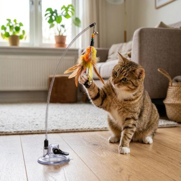 Cat Teaser Toy - Interactive Bell & Feather Wand - Long Suction Cup Pole for Exciting Playtime Adventures - Ultimate Cat Toy