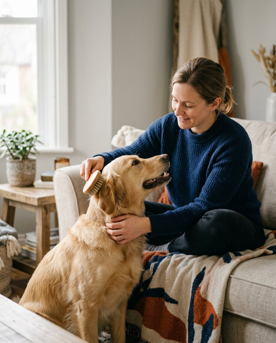 Woman gently brushing her golden retriever at home
