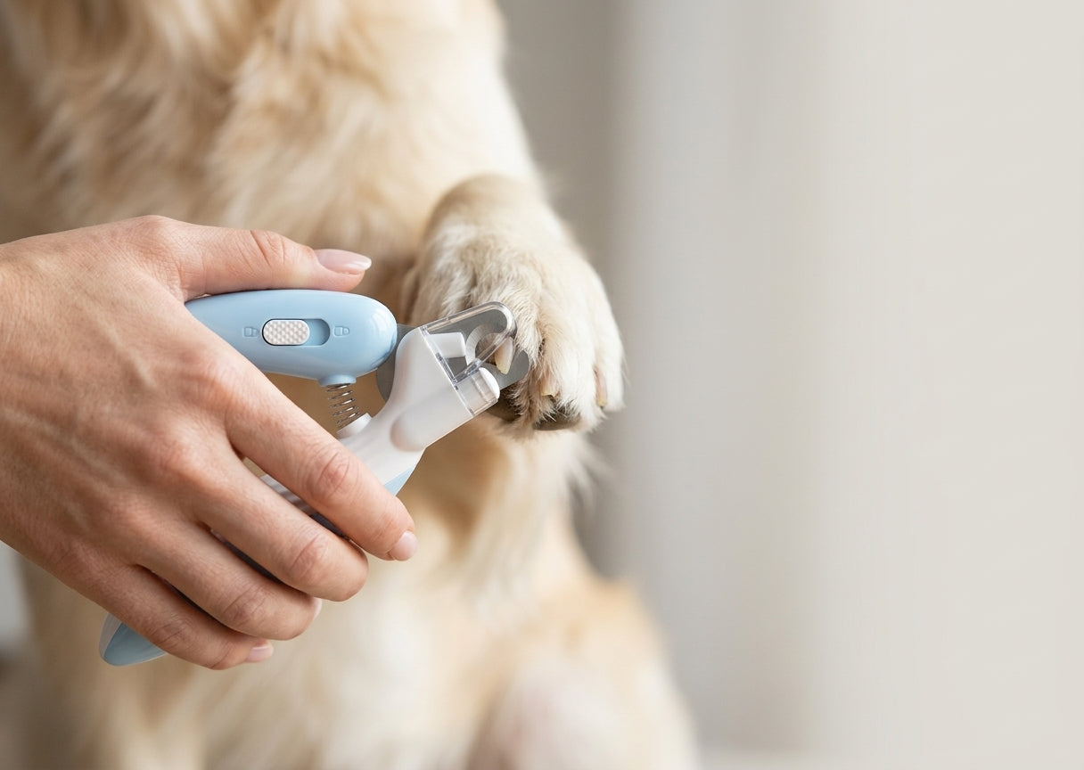Hand trimming a golden retriever's paw nail with light blue LED pet nail clippers