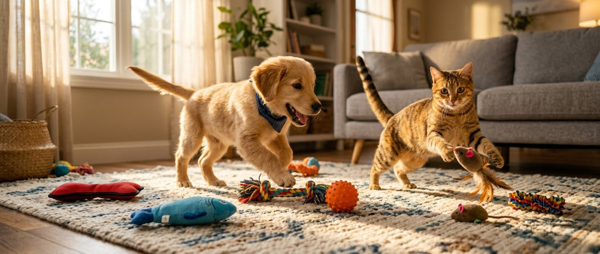 Golden retriever puppy and tabby cat playing with toys in a sunny living room